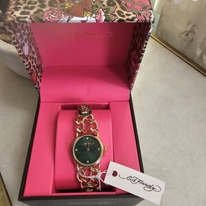 Ed Hardy Gold Chain Watch with Dark Green Dial